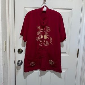 Quicksilver  Chinese Red Shirt with Embroidered Gold Dragons. XXL.